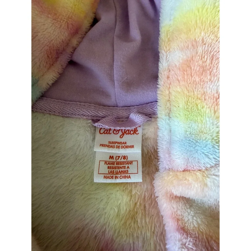 Cat & Jack Girls Tie Dye Fleece Hooded Bathrobe Size M 7/8 Pastel Purple Pink